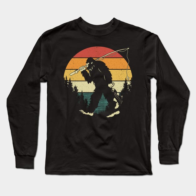 Bigfoot Fishing Retro Sunset Long Sleeve T-Shirt by Tesszero